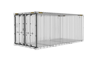 A Glass cargo container. A realistic 20 ft shipping container made of glass. The concept of transparent logistics and delivery cargo. Isolated. Transparent background. PNG. 3D illustration