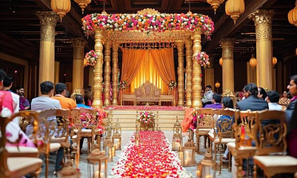 empty Opulent Traditional Indian Wedding Hall with Decorated Mandap and Festive Ambiance and persons

