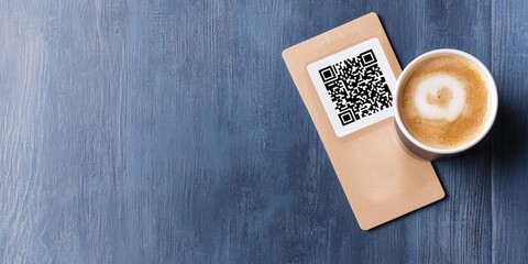 A coffee cup sits beside a QR code on a card, resting on a blue wooden surface, creating a cozy and modern cafe vibe.