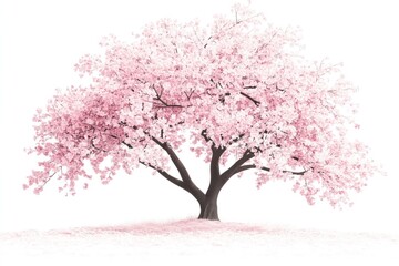 Pink cherry blossom tree in full bloom isolated on white background.