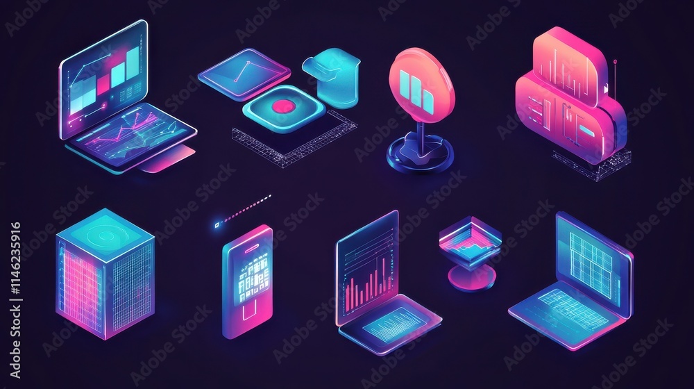 Poster big data metaphors icons set. large amount of information storage, sharing, analysis and processing.