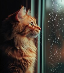 A thoughtful orange tabby cat gazing out a window with raindrops streaming down the glass, creating a serene and cozy atmosphere