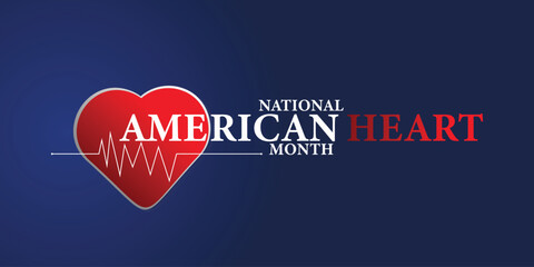 American heart month. Vector banner for social media. Illustration with text American heart month 2025. The U.S. flag in the shape of a heart