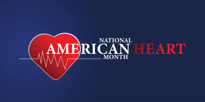American heart month. Vector banner for social media. Illustration with text American heart month 2025. The U.S. flag in the shape of a heart