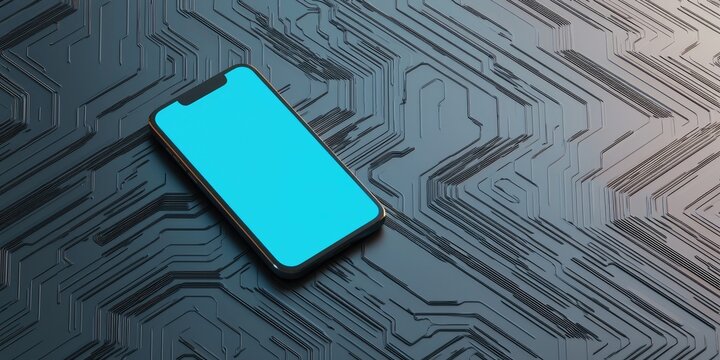 Mockup A smartphone with a blank screen rests on a textured circuit board surface, showcasing a blend of technology and modern design.