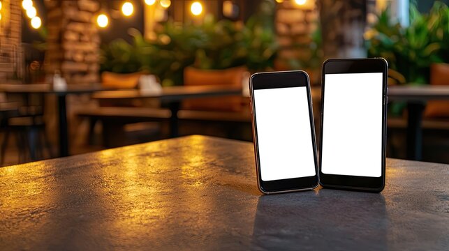 Mockup Two blank-screen smartphones are positioned on a table in a cozy restaurant, surrounded by soft lighting and greenery.