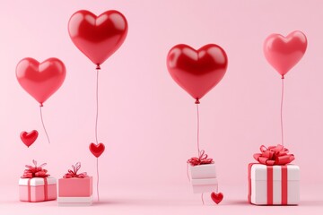 Colorful heart-shaped balloons float against a pink background, while beautifully wrapped gift boxes sit at the bottom