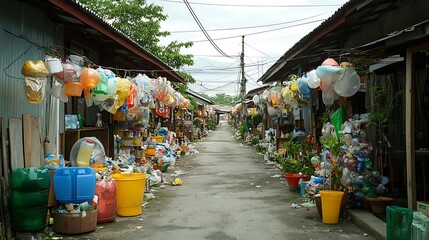 Fototapeta premium A community where plastic waste has invaded everyday life, with streets and homes filled with discarded plastic items. 