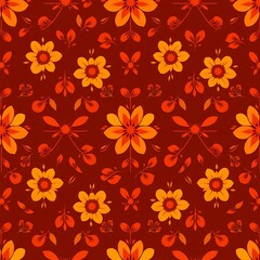 Autumnal Floral Pattern:  A rich tapestry of stylized orange and yellow flowers on a deep maroon background. Perfect for autumnal designs and textile prints. 