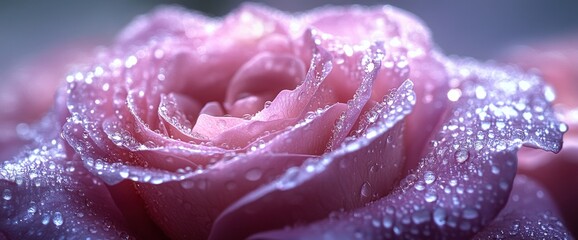 Close-up of a pink rose covered in water droplets.