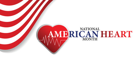 American heart month. Vector banner for social media. Illustration with text American heart month 2025. The U.S. flag in the shape of a heart