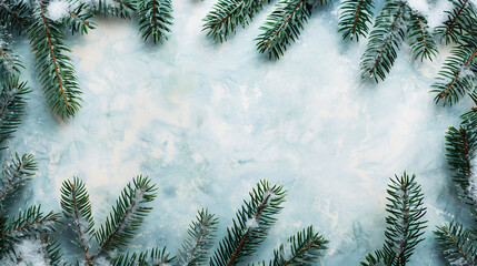 Art Nature Winter Christmas Background with snowy pine tree. Beautiful Border of Pine tree branches in hoarfrost. Scenic natural Winter Wallpaper