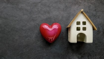Ceramic House Figurine with Wooden Roof and Heart Shaped Window Next to a Glossy Red Heart on Dark Textured Background, Representing Love, Home, Family, and Real Estate Concepts