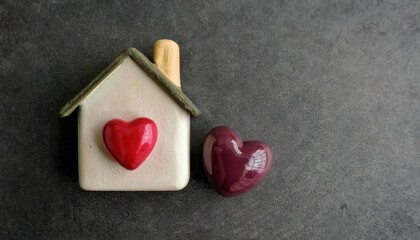 Ceramic House Figurine with Wooden Roof and Heart Shaped Window Next to a Glossy Red Heart on Dark Textured Background, Representing Love, Home, Family, and Real Estate Concepts
