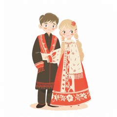 A young couple in traditional Russian clothing stand together with smiles.