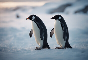 Fototapeta premium In the icy expanse of Antarctica where the bitter cold seems to stretch to infinity penguins dance a