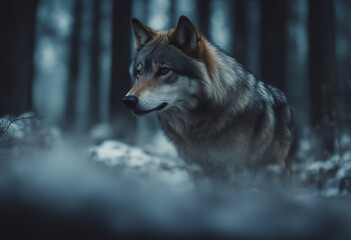 Fototapeta premium In the depths of the forest beneath the watchful gaze of the moon the wolf prowls silently a ghost o