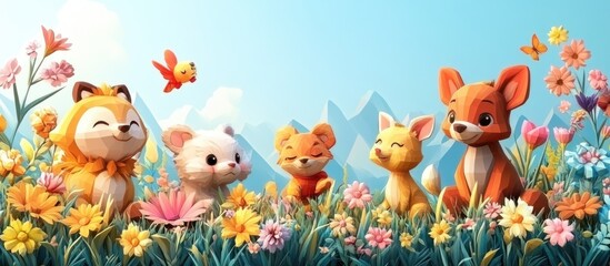 Naklejka premium A playful scene featuring cute cartoon animals in a vibrant flower-filled landscape.