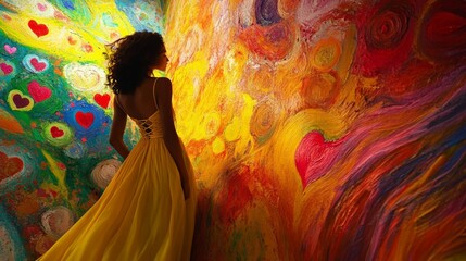 A woman in a yellow dress stands in front of colorful walls, illuminated by vibrant shades and swirling patterns of art.