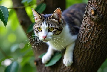 Obraz premium A cat is perched in a tree with a close-up of its face