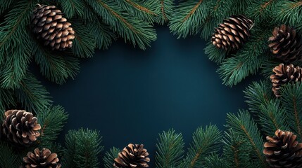 Naklejka premium Christmas card. Holidays background, invitation. Winter fir pine branches, pinecones floral border. Christmas, xmas banner template