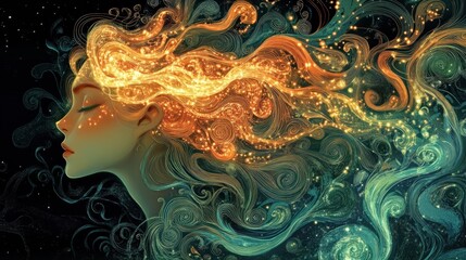 A dreamy illustration of a woman's profile with flowing, colorful hair and sparkling elements.