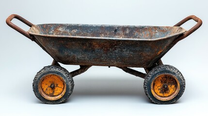 A rusty wheelbarrow with yellow wheels, used for transporting materials in construction or gardening.