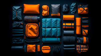 A vibrant arrangement of outdoor gear and accessories in orange and blue hues, showcasing a variety of items for camping and adventure