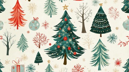 Christmas decorative seamless pattern. Holiday children print, tree winter texture. Abstract vintage xmas and new year decent background
