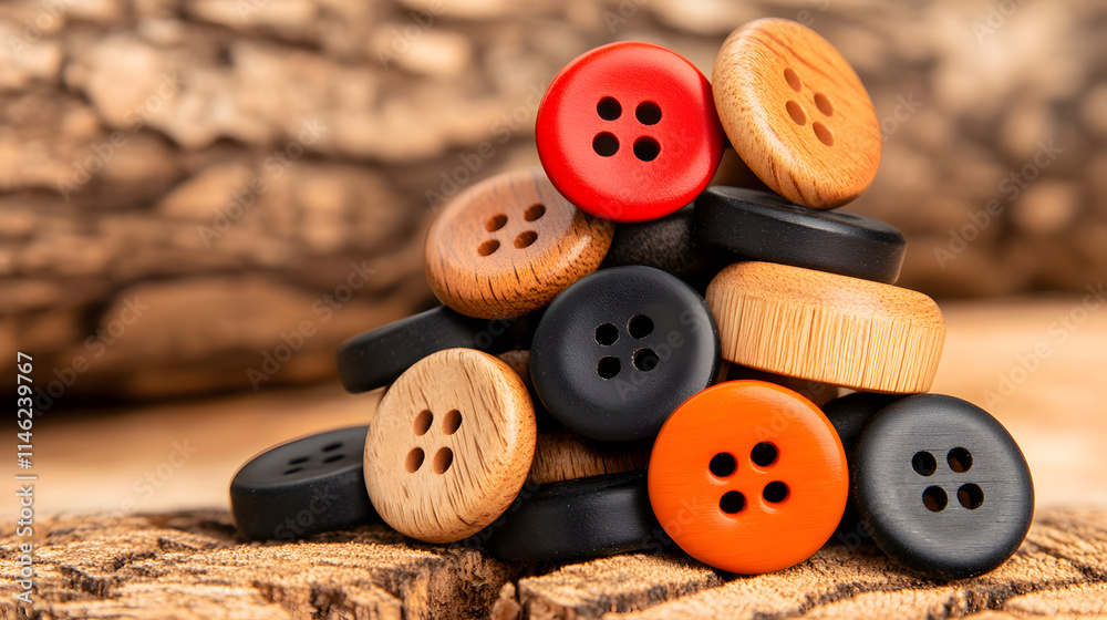 Poster A colorful assortment of wooden buttons stacked on a rustic wooden surface, showcasing various shapes and colors