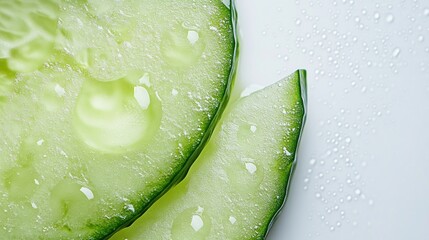 Closeup view of two fresh cucumber slices with water droplets