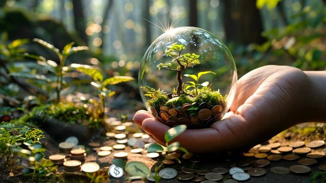 Hand holding a glass globe with a tree and coins in a forest setting emphasizing nature's value and conservation efforts