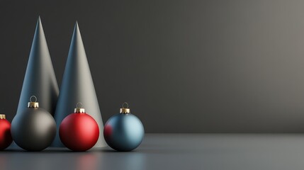 Christmas postcard tamplate from the gray cones and color christmas balls with free copy space for congratulatory text.