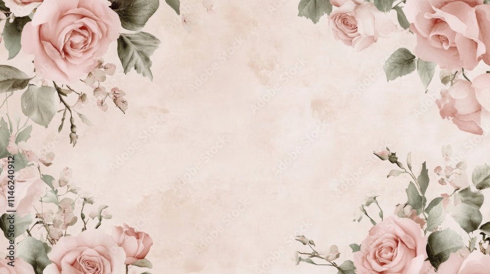 Poster delicate pink roses and soft green leaves are artistically arranged on a light background, creating 