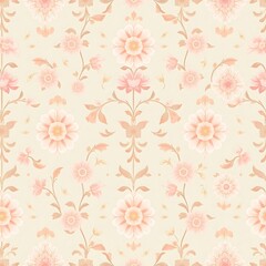 Fototapeta premium Peach Blossom Damask: A delicate and romantic seamless pattern featuring peach-colored blossoms and intricate damask details on a creamy background. Perfect for feminine designs and spring aesthetics.