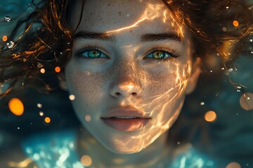 Underwater portrait of a freckled woman with green eyes.