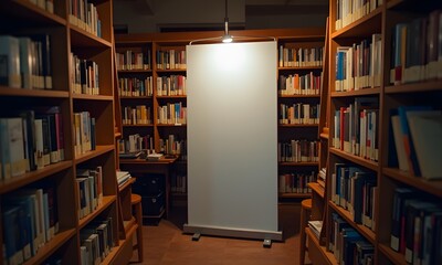 Trade Show Banner Mockup presents a blank canvas in a library, surrounded by bookshelves. The warm light creates a calm and inviting atmosphere.