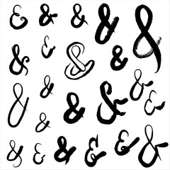 Set of „And“ symbol Ampersand Collection of vector calligraphy signs isolated on white. Hand draw elements. Vector illustration with texture, brush strokes, ink. Free style