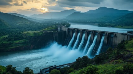 Fototapeta premium Majestic Hydroelectric Dam Releasing Streams of Water into a River