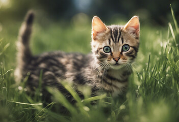 Fototapeta premium Beneath the dappled sunlight in a verdant garden a young tabby kitten with mesmerizing eyes explores