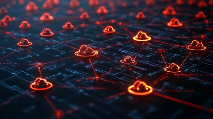 Multiple cloud icons interconnected within a secure network
