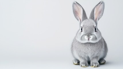 Obraz premium Cute gray bunny rabbit sitting on light gray background.
