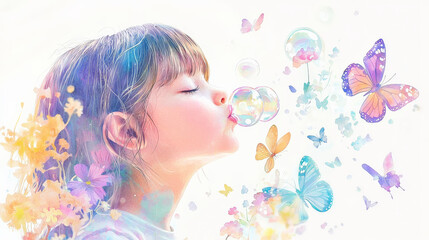 child blowing iridescent soap bubbles surrounded by colorful butterflies and flowers