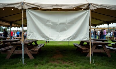 Trade Show Banner Mockup features a blank, white banner hanging in a welcoming outdoor setting, surrounded by rustic picnic tables and lively event-goers.