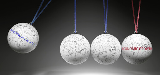 Investing In Education and Economic Growth - cause and effect relationship. A Newton cradle metaphor. ,3d illustration