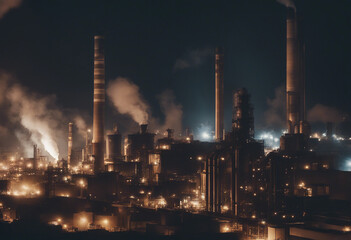 Fototapeta premium Amidst the towering structures of industry a factory looms against the night sky its chimneys exhali