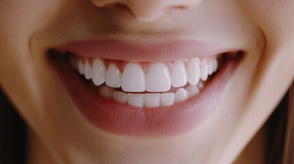 Fototapeta premium Close-up of a woman's bright, healthy smile showing perfect white teeth.
