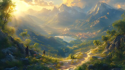 Two figures stand on a mountain path overlooking a valley with a lake and a town, with a stunning sunset and mountains in the background.
