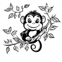 A cheerful cartoon monkey sitting on a branch surrounded by leaves.