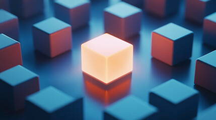 Obraz premium Illuminated Cube Among Matte Blocks on a Clean Blue Backdrop